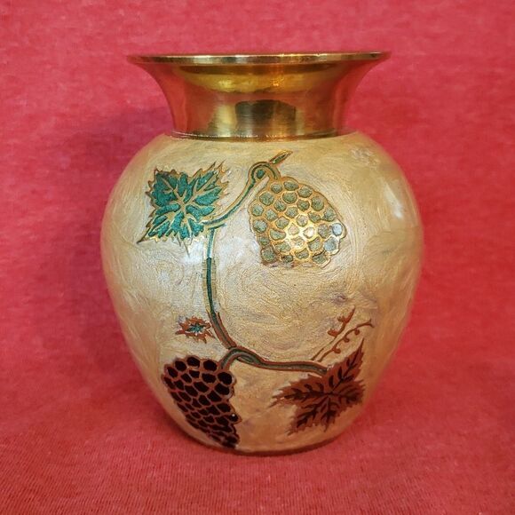Pretty Vintage Brass Vase with Pearlescent Outer Design - Picture 1 of 12